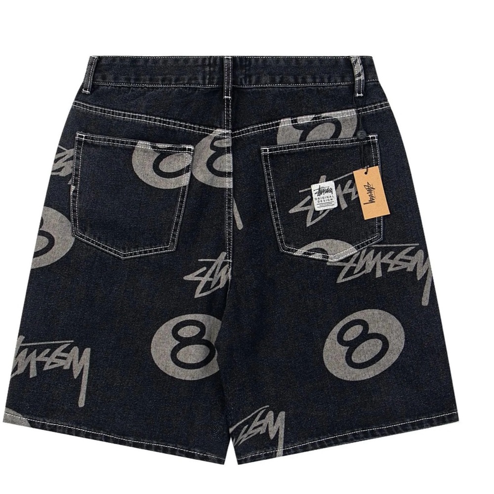 Stussy Men's Dark Jean Shorts with Gray Graphics